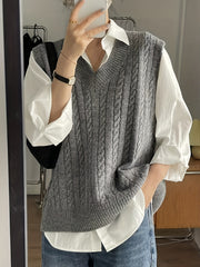 Solid V Neck Cable Knit Vest - Women's Casual Clothing - Sleeveless Loose Fit Versatile Sweater Vest for Everyday Wear, Comfortable and Stylish