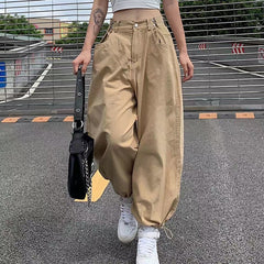 Khaki Oversized Cargo Baggy Pants Y2K Hip Hop Style Loosed Adjustable Waist Drawstring Long Pant Streetwear 90s Style Clothes
