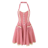 Cute Girl Red Plaid Halter Mini Dresses Women Front Button Pockets Sexy Backless A-line Short Summer Dress Cotton Robe