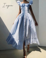 Ingvn - Striped Square Neck Flutter Sleeve Sweet Dress Women Ruffles Maxi Dress
