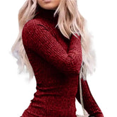 Sexy Women Sheath Dress Mini Bodycon Solid Color High Collar Sexy Slim Pullover Sweater Dress Winter