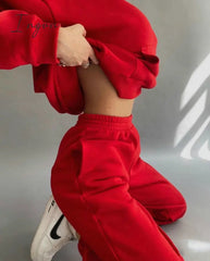 Ingvn - 2 Piece Set Women Spring Autumn Tracksuit Solid Hooded Sweatshirt Top And Wide Leg Pants Suits Loose Casual Fashion Sportswear