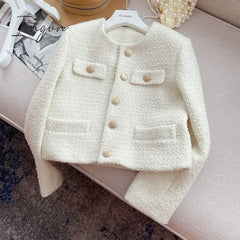 Ingvn - Chic Tweed Coat Female Elegant O Neck Cropped Jacket Women Spring Fall 2023 Luxruy Korean Fashion pocket white Outwear Clothing