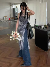 Summer Korean Fashion See Through Women Dress Y2k Aesthetic Newspaper Print O Neck Dresses Harajuku Vintage Sleeveless Vestidos