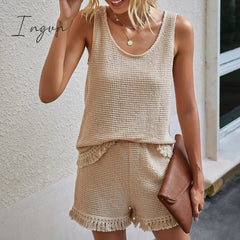 Ingvn - Summer Beach Two Piece Set Women tassel Tracksuit Loungewear Casual Sleeveless Tops + Slim Shorts Suit Elegant Woman Set Outfits