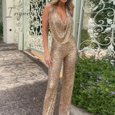 Ingvn - Sexy Glitter Sequin Club Party Jumpsuits Elegant Halter Sleeveless Straight Playsuits Summer Women Fashion Backless Solid Romper
