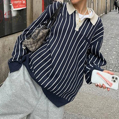 Preppy Style Loose Sweatshirt Y2k Streetwear Patchwork Full Sleeve Turn-down Neck Hoodies Women Casual Vintage Pullovers