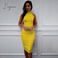 Ingvn - Spring Summer Fashion Turtleneck Sleeveless Elegant Pencil Dress Women Sexy Club Party Bodycon Bandage Slim Dress Vestido