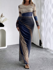 Women'S Elegant Leopard Print Sheer Tulle Long Sleeve Dress, Crew Neck Knit Polyester Spandex Blend, All-Season Tunic with Lining, 95% Polyester 5% Spandex, 92gsm Fabric Weight, 140gsm Lining Weight