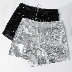 Sexy Women Sequin Shorts Summer High Waist O-Ring Zip Bodycon Shorts Feminino Skinny Party Club Festival Raves Pole Dance Shorts