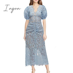 Ingvn - Summer Midi Long Dress For Women Celebrity Flower Embroidery Lace Robe Long Beaded Chain Diamond Chiffon Dresses