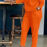 Solid Casual Two-piece Set, Crew Neck Long Sleeve Tops & Wide Leg Long Length Pants Outfits, Women's Clothing