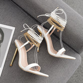Summer Sexy Luxury Trend Women Pumps Thin High Heel Peep Toe Ankle Lace Strap Metal Chain Decoration Ladies Shoes Female