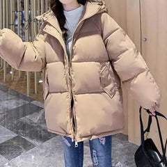 Ingvn - winter women's hooded zipper loose down jacket women's solid color regular thick padded jacket new
