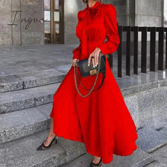 Ingvn - Elegant Vintage Dresses Classy Outfits Women Fashion Spring Autumn Long Sleeve Satin Yellow Dress Chic Maxi Dress