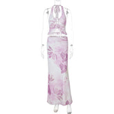 Mesh Print Sexy Skirt Two Piece Set Women Fashion Halter Tank Tops And Maxi Skirt Female Elegant Printed 2 Piece Set