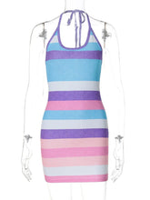 Ingvn Fashion Sexy Halter Neck Lace-up Striped Beach Dress Woman Clothes Off Shoulder Backless Bodycon Mini Party Club Dresses