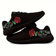 Womens Lightweight Breathable Mesh Sneakers - Cushioning Support, Anti-Slip Shock-Absorbing, Random Printing Skeleton & Rose Decor, Durable Low-Top Lace-up Athletic Shoes for All-Season Wear