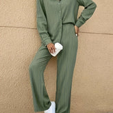 Chic Solid Textured Womens Two-Piece Set - Trendy Button Front Long Sleeve Shirt & Elastic Waist Wide Leg Pants Outfit - Versatile Casual Wear for Fashion-Forward Ladies