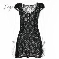 Ingvn - Square Collar Black Mini Dresses 2023 Summer Sexy High Waist Short Sleeve Beachwear Bodycon Hollow Out Sundress Female Ingvn