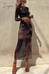 Ingvn - Casual Vintage Gradual Change Print See-through O Neck Long Sleeve Dresses
