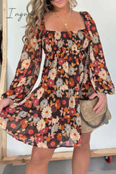 Ingvn - Vintage Elegant Floral Square Collar Printed Dress Dresses