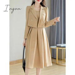 Ingvn - Autumn Korea Elegant Women Black Office Hepburn Suit Dress Casual Lapel Blazer Coat Classic High Waist Strap Pleated Dress 3XL