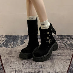 Ingvn Vintage Spring Autumn Women Motorcycle Boots Fashion Belt Buckle Mid Calf Booties Platform Thick Heel Casual Ladies Shoes