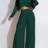 Chic Solid Twist Front Crop Top & Wide Leg Pants Set - Effortlessly Stylish Two-piece Outfit for Women - Casual Everyday Wear