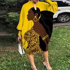 Ingvn - Autumn Fashion Streetwear Women Loose Dress Casual Printed Long Sleeves Sexy Hollow Out O Neck Irregular Dresses Elegant Women's
