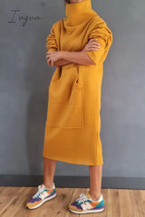Ingvn - Casual Solid Pocket Turtleneck Long Sleeve Dresses
