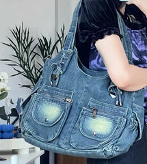 Ingvn New Spicy Girl Cowboy Bags Single Shoulder Bag Diagonal Strap Large Capacity Bags Shoe Laces Casual Retro Denim Bag Women's Bag