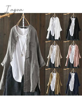 Ingvn - Womens Shirts Vintage Cotton Tunic Casual Long Sleeve Shirt Button Cardigans Female Soid Patchwork Tops Plus Size
