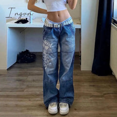 Ingvn - Spring Y2K European and American street simple printing low-waist button jeans women casual loose and thin wide-leg straight-leg pants