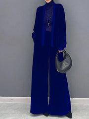 2 Pcs Velvet Solid Color Long Sleeve Open Front Top & Wide Leg Pants Outfit, Women's Clothing