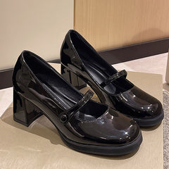 Vintage Thick High Heels Mary Jane Shoes Women Patent Leather Brown Shoes Woman Round Toe Chunky Heels Pumps Mujer