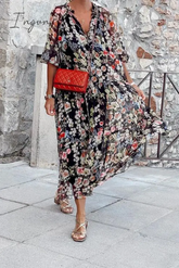 Ingvn - Casual Print Patchwork V Neck Cake Skirt Dresses