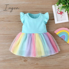 Ingvn - New Summer Baby Girls Tutu Dress Children Party Little Girl Kids Clothes Flying Sleeve Princess Rainbow Patchwork Outfits Dress