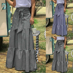 Long Skirts Women Autumn Celmia Vintage High-Waist Female Skirts Casual Plaid Check Loose Printed Belted Pleated Maxi Skirt
