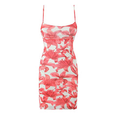 Sexy Women Floral Print Sling Mesh Dresses Thin Straps Skinny Slim Waist Hem Slit Bodycon Mini Dress Summer Robe