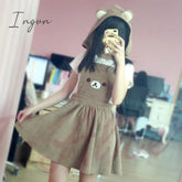 Ingvn - Japanese Kawaii Rilakkuma Lolita Overall Dress Cute Bear Embroidery Hat Ball Gown Harajuku Lolita Dress Harajuku Cute Warm Dress