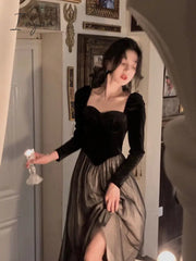 Ingvn - Elegant Long Sleeve Midi Dress Woman Slim French Vintage Velvet Dress Party Casual Korean Fashion Dress Female Autumn Chic