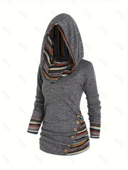 Trendy Stripe Hoodie with Button Accent - Long Sleeve Splicing Design - Cozy Casual Wear for Women