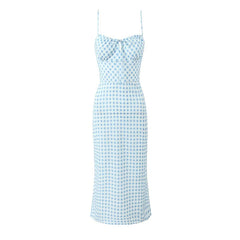 Summer Women Sexy Thin Straps Blue White Plaid Sling Dresses Midi Long Pencil Dress Holiday Robe