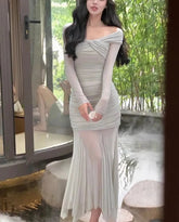 Autumn Elegant Mesh Bodycon Evening Party Midi Dress Women Long Sleeve Irregular One Pieces Vestidos Korean Ladys Clothes