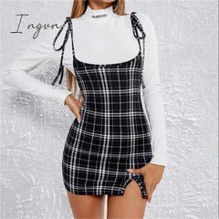 Ingvn - Fashion Women Dress Check Dog Tooth Frill Ruffle Pinafore High Waist Bodycon Party Mini Dress Holiday Casual Slim Dress vestidos