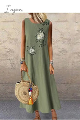 Ingvn - Sundress Women Summer Dress Printing Sexy Dress Midi Plus Size Casual Linen Loose Sleeveless printed Long Maxi Dress