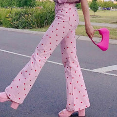 Ingvn - Y2K Pink Pants Heart Printed Sweet Trousers Vintage Aesthetic Party Pants Pockets Joggers Festival Outfits Women New