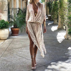 Ingvn - Hot Sale Newest Fashion Beach Women Veil Tops Loose Casual Striped Print Short Sleeve Clothing Female Long Blouse Summer Streetwear