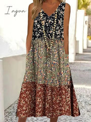 Ingvn - Women's Casual Dress Tank Dress Floral Dress Floral Ditsy Floral Pocket Print Strap Midi Dress Active Fashion Outdoor Daily Sleeveless Loose Fit Black Wine Blue Summer Spring S M L XL XXL